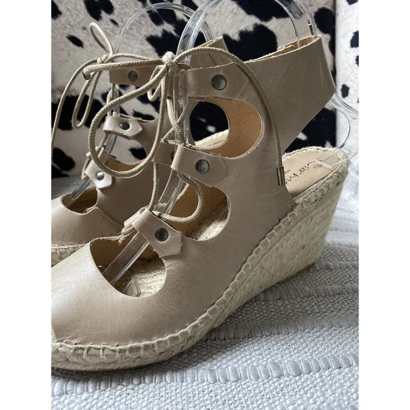 Carmen Saiz Anthropologie Womens 7 38 Tan Leather Espadrille Wedge‎ Sandals ~38 - Picture 1 of 7